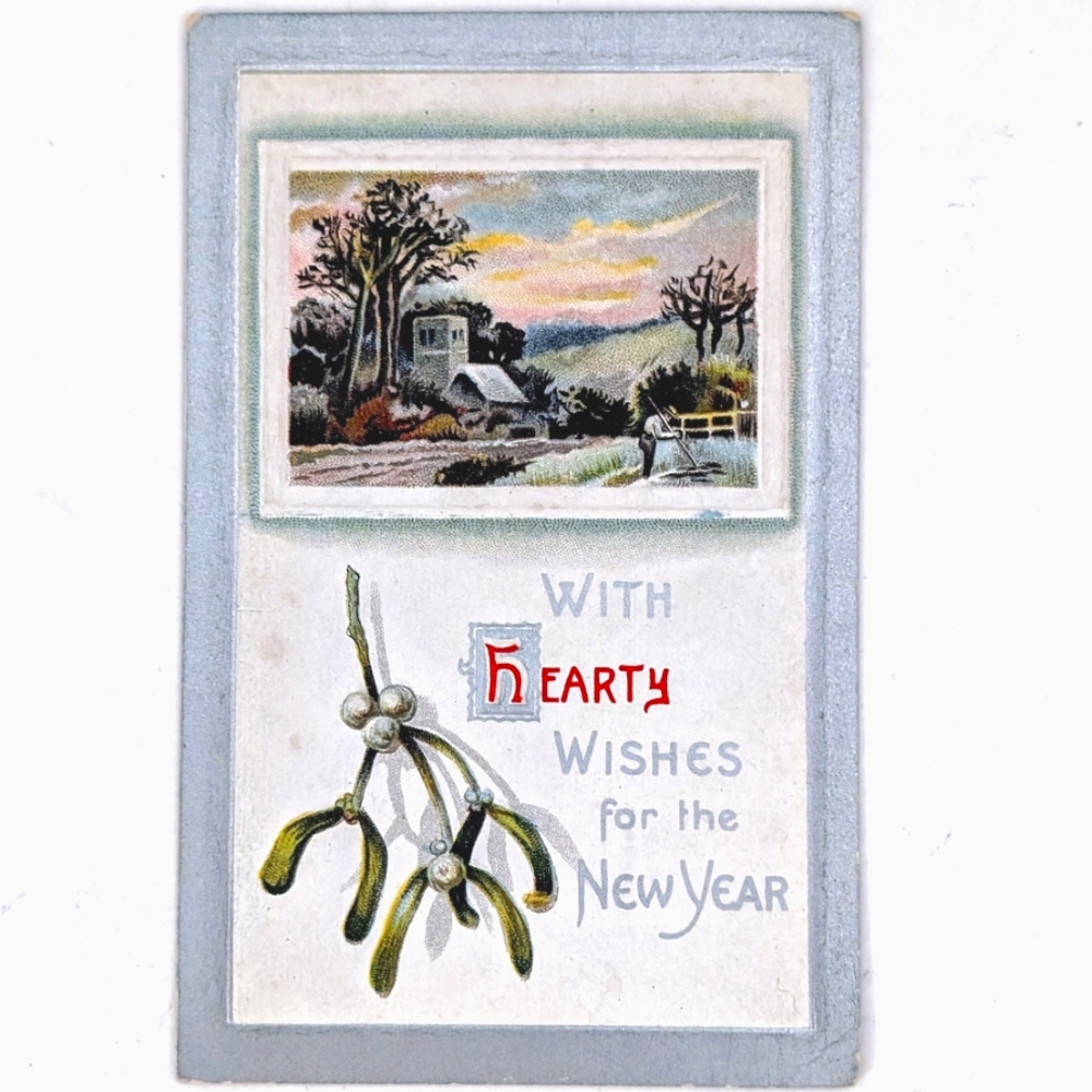 Vintage New Year Postcard Hearty Wishes Silver Embossed Cottage Farm Scene